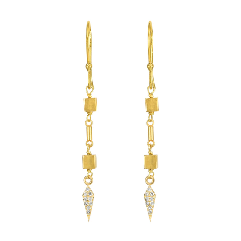 18K Yellow Gold Cube and Diamond Spear Earrings