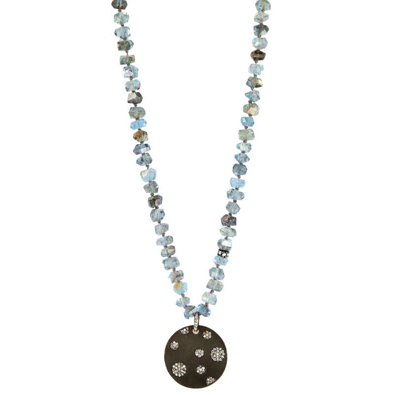 Aquamarine Nugget and Oxidized Sterling Silver and Diamond Necklace