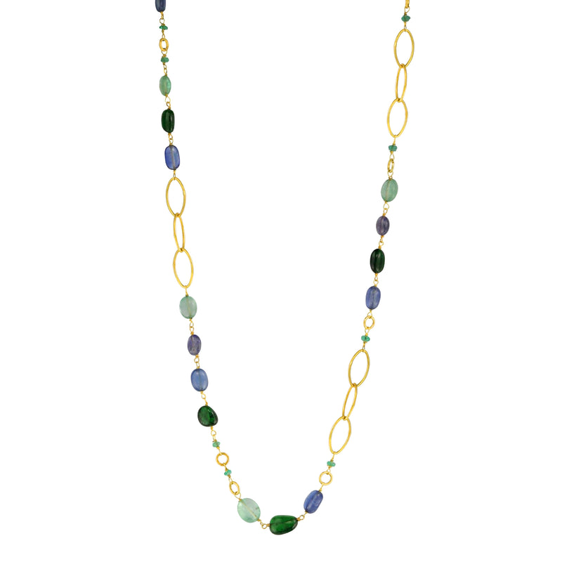 Emerald, Sapphire, Green Tourmaline and 18k Yellow Gold Necklace