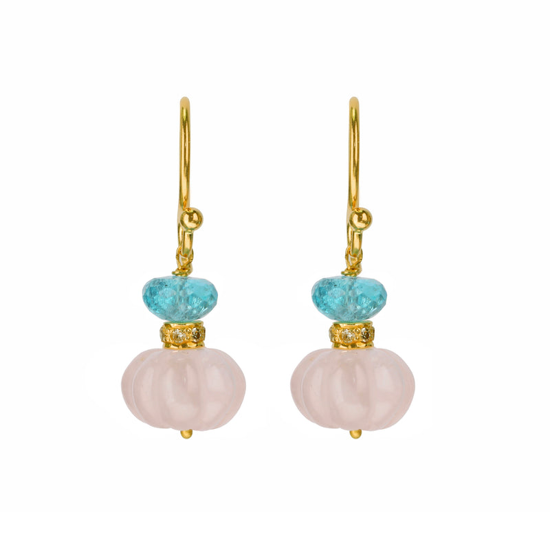 Fluted Rose Quartz and Apatite and Diamond Earrings
