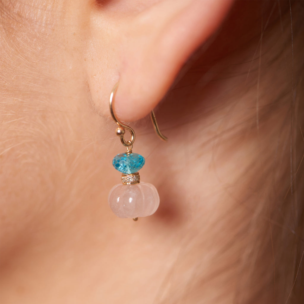 Fluted Rose Quartz and Apatite and Diamond Earrings