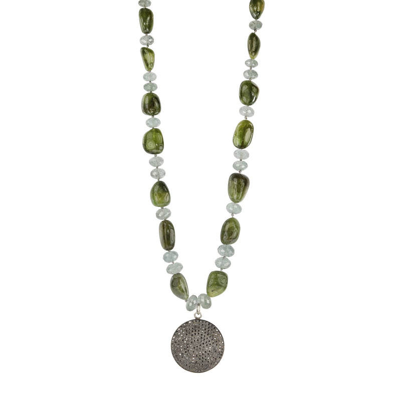 Black Pave Diamond Pendant Necklace with Umba Sapphires and Moss Aquamarine
