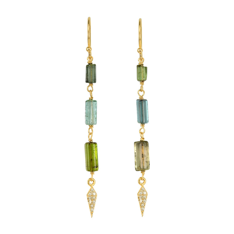 Green and Blue Tourmaline and Pave Diamond Earrings